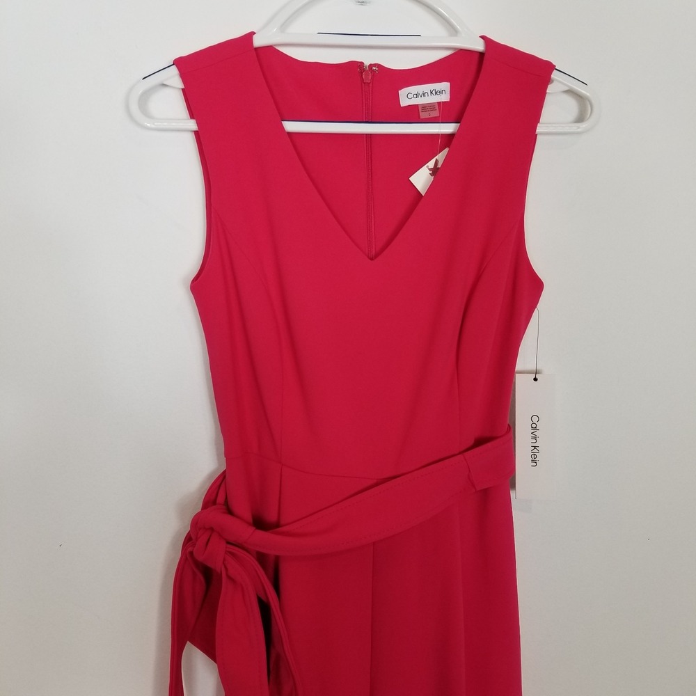 Calvin‎ Klein Women V-neck Jumpsuit Sz S Bright Pink Tie Waist Cropped V Neck - Picture 2 of 11